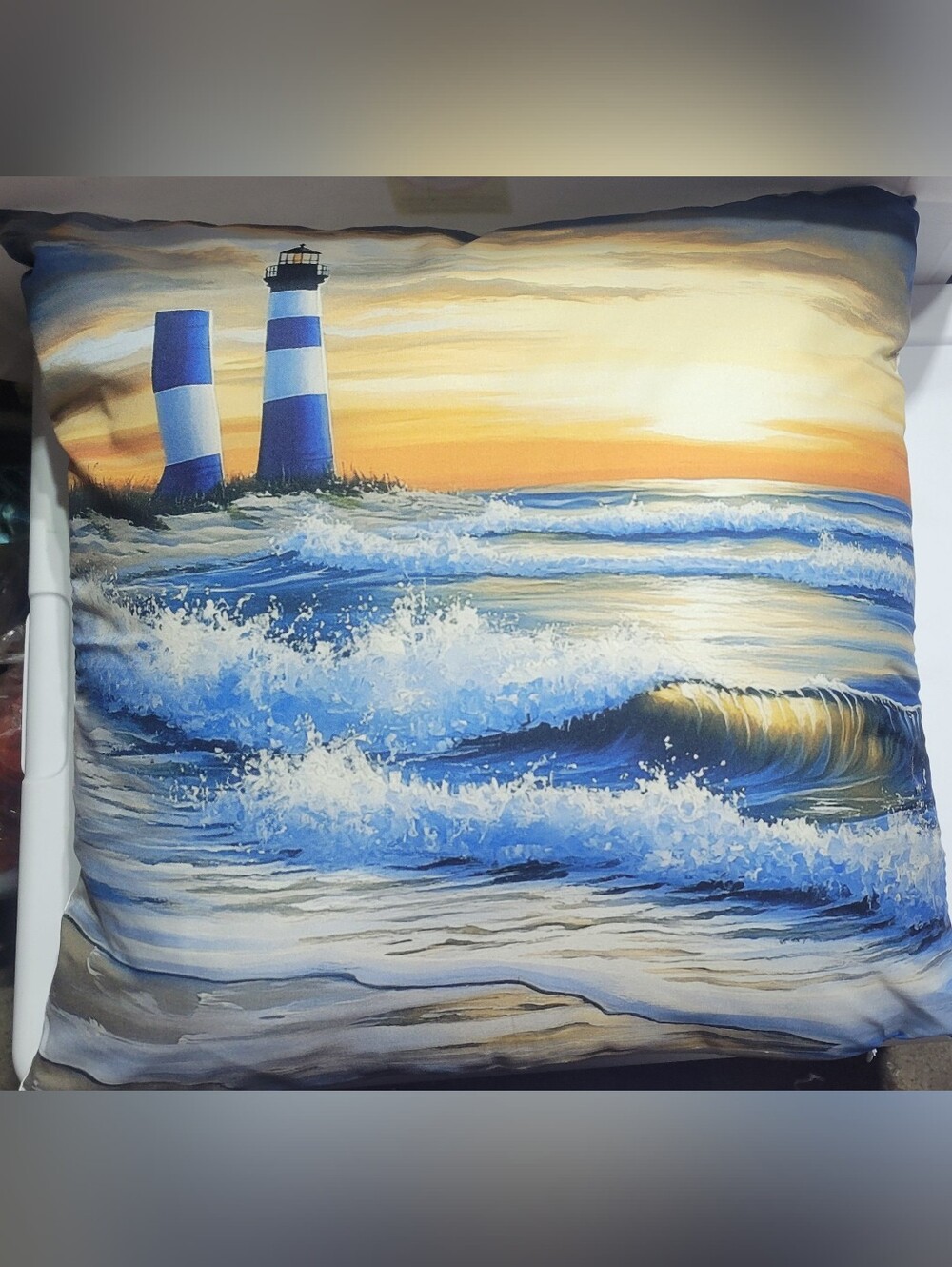 Coastal Lighthouse Ocean Wave Decorative Pillow NEW